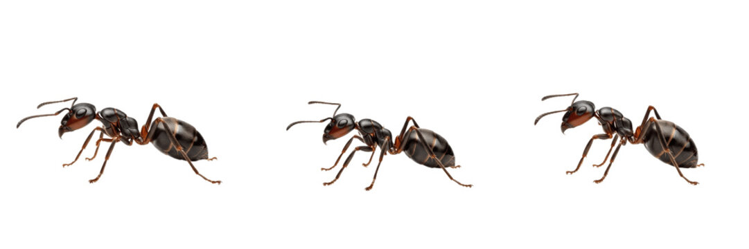Ant side profile, Solenopsis invicta, fire ant worker lateral view, Formicidae family, mesosoma propodeum curvature contour, two-segmented petiole articulation nodes, gaster tilt