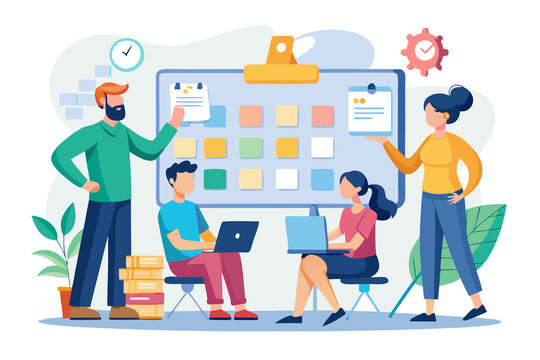 Team planning project on colorful sticky notes and clipboard