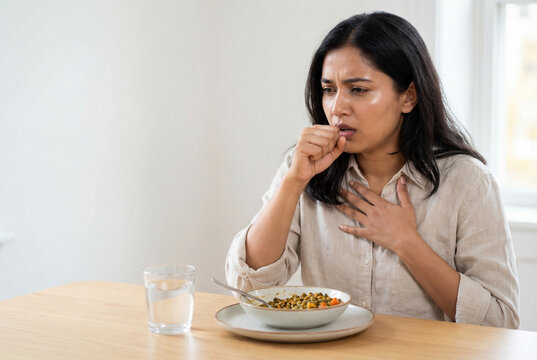 Woman coughing while eating a meal at home having difficulty swallowing