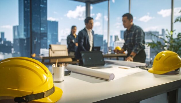 Professional engineers and business team discussing construction project in modern glass office, safety helmets on table, corporate teamwork atmosphere, realistic office lighting, premium business com