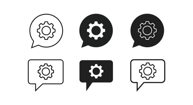 Gear inside speech bubble icon set - Glyph and solid icon set - Icon vector - logo icons. Blue, Black and white icons