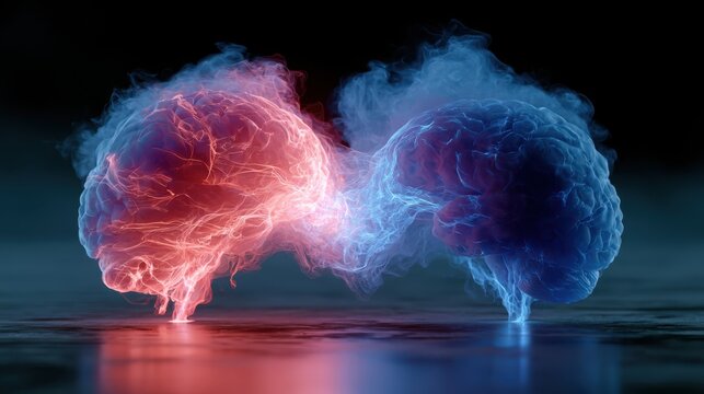 Two glowing, electrified brains face each other, one red and one blue, symbolizing a dynamic exchange of ideas or neural activity.