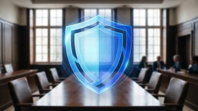 Cybersecurity shield hologram in modern boardroom, corporate data protection and network security concept, blue transparent digital icon overlay for IT risk