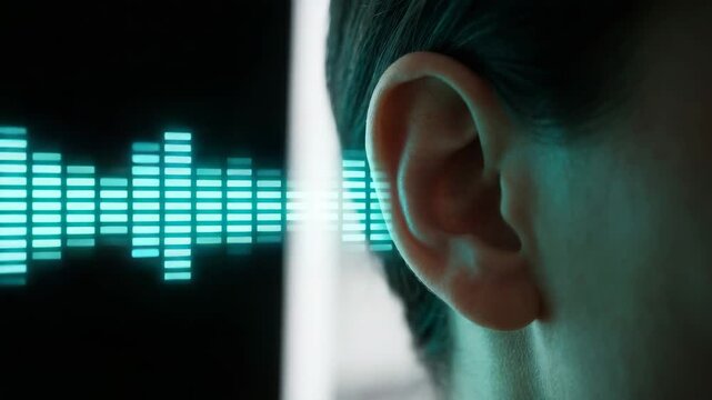 Digital audio waveform equalizer near human ear, sound listening concept in neon cyan on dark background, technology music visualization for media and streaming