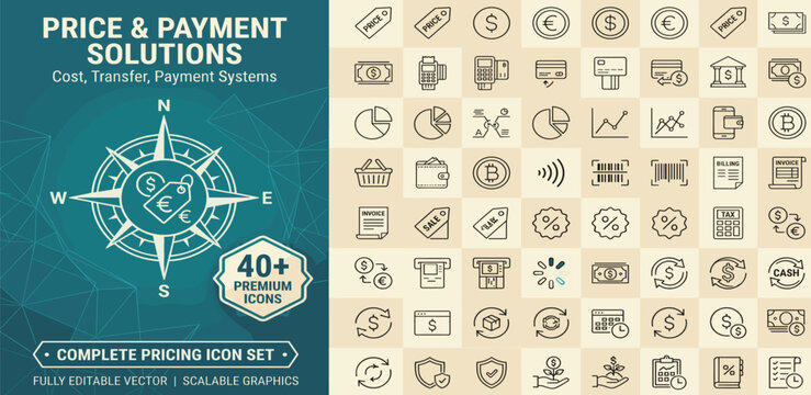 Price line icon set. Includes cost, transfer, payment, price range and more. Editable stroke. Vector illustration.