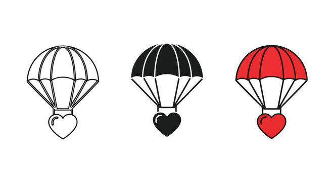 Red heart parachute falling from sky - Clipart, sticker - icon set - Line and glyph solid icon and logo template 