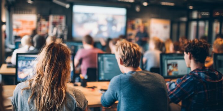Modern classroom or training session with diverse group of students learning from a digital presentation onscreen in a contemporary educational setting