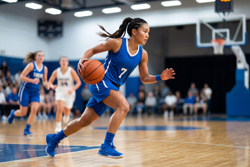 Fototapeta premium Athletic asian woman in a blue jersey dribbling a basketball across a brightly lit indoor court