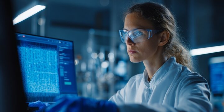 Female scientist in protective glasses and blue gloves analyzing data on a computer screen in a laboratory setting, emphasizing research and technology
