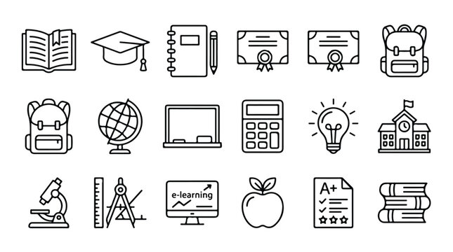 Education line icons set, school and university learning symbols, 18 black outline vector elements for academic study and e-learning design