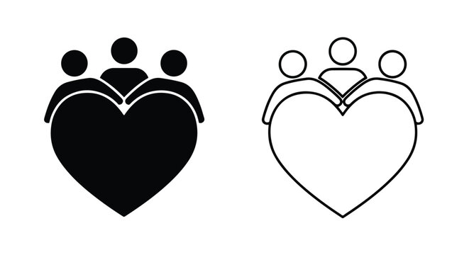 Team heart unity icon set vector - Glyph and solid icon set - Icon vector - logo icons. Blue, Black and white icons
