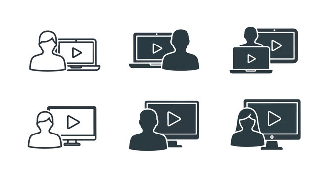User watching video on computer screen icon - Glyph and solid icon set - Icon vector - Editable line icons. Vector illustration