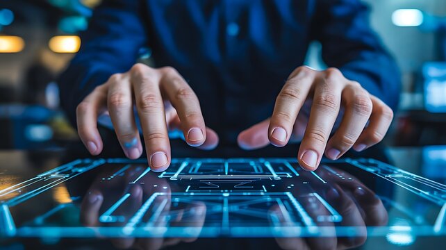 Hands typing on futuristic digital keyboard with advanced technology interface concept