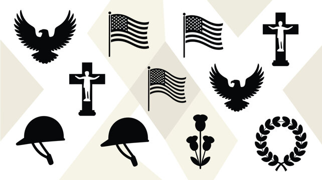 Bold black silhouettes of patriotic symbols military helmets eagles crosses and roses arranged in a grid on a light beige background