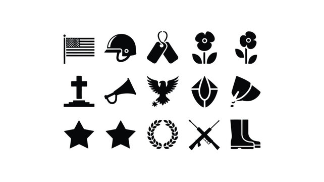 Set of 12 minimalistic black and white icons symbolizing military patriotism and remembrance including flags helmets flowers and weapons