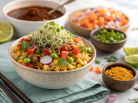 Healthy bhel puri with sprouts and vegetables