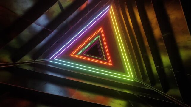 Seamless Loop Rainbow Triangle Tunnel with Neon Lights 3D Render