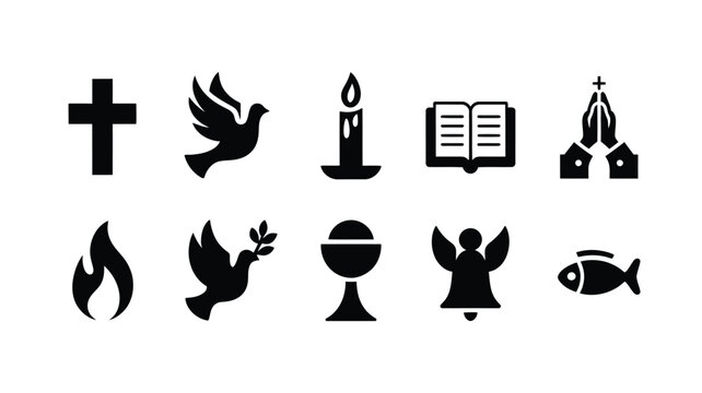 Collection of sacred symbols and religious icons in silhouette representing faith spirituality and divine grace including cross dove candle bible praying hands flame chalice angel