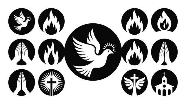 Collection of diverse religious and spiritual icons in circular badges featuring a dove with halo flames praying hands a cross with wings and a church symbolizing faith hope
