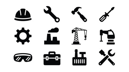 Fototapeta premium Collection of 12 industrial icons including tools and machinery on white background for engineering and construction concepts