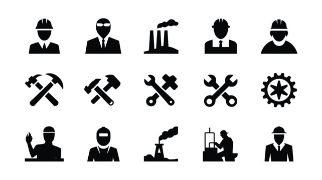 Industrial icons set with workers tools and factory symbols in black silhouette on white background