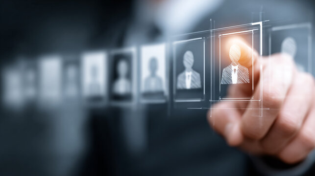 Digital recruitment process with candidate profiles on a futuristic touchscreen interface