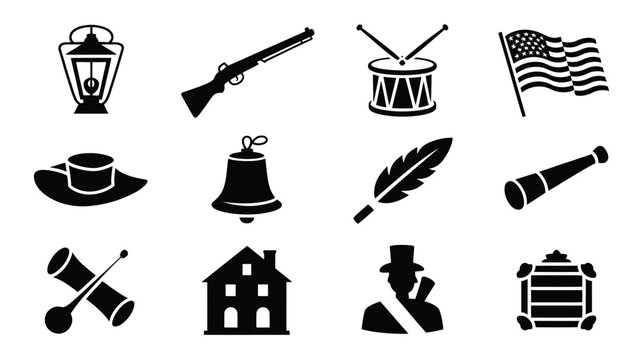 Collection of historical american revolution icons and symbols in black silhouette on a white background including a musket drum flag lantern hat bell quill spyglass cannon house