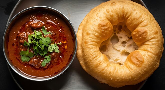 A photo of a Bhatura with a bowl of spicy curry on a plate