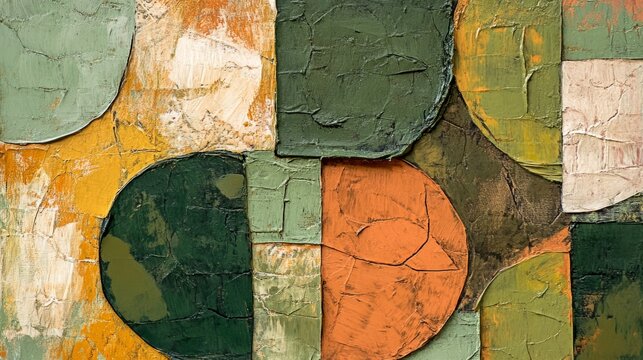 Hand painted acrylic texture with layered olive green and terracotta shapes. generative ai