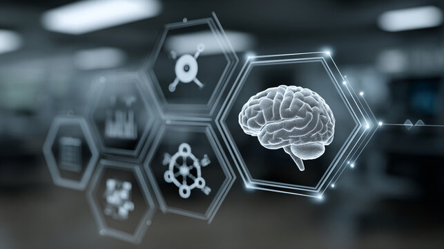 Futuristic digital interface with brain and data icons representing adaptive learning technology