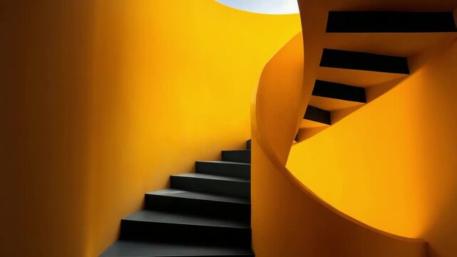 A modern staircase features sharp black steps curving upward against a vibrant orange wall. The design highlights clean lines and a sleek aesthetic, creating a striking visual impact.