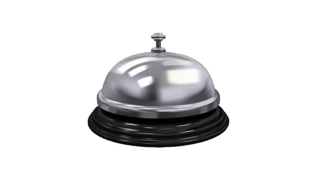 Pressing a classic silver desk service bell isolated on white