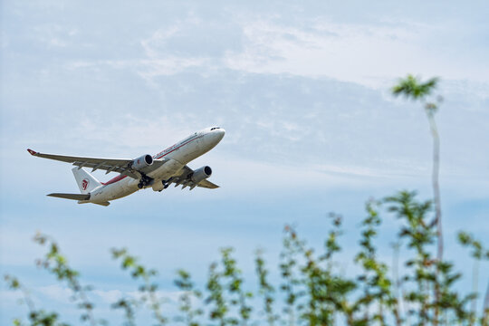 Paris, France, 25.07.2024 - Air Algerie Airbus A330 is seen taking off from Paris-Orly Airport, France. The Airbus A330 is a wide-body twin-engine jet airliner. Medium shot of the.