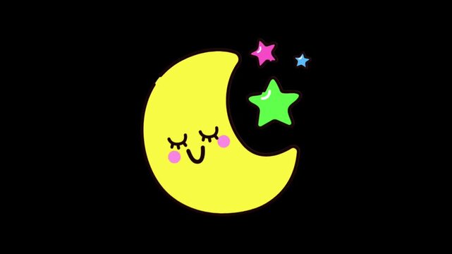Kawaii sleeping yellow moon and colorful stars
