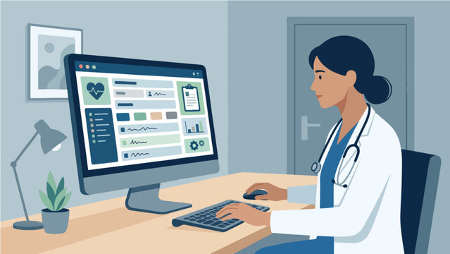 Female Doctor Using Computer to Access Electronic Medical Records and Health Dashboard in Clinic Office Flat Vector Illustration