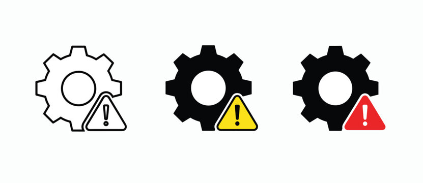 Gear warning icon set for error alerts - Glyph and solid icon set - Icon vector - logo icons. Blue, Black and white icons
