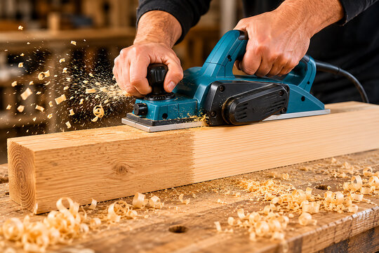 Close-up of electric hand planer smoothing wooden beam during woodworking