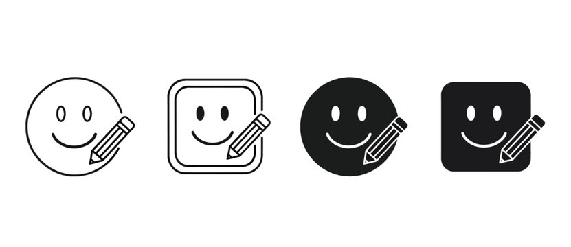 Smiley face with pencil icon for feedback - Glyph and solid icon set - Icon vector - logo icons. Blue, Black and white icons