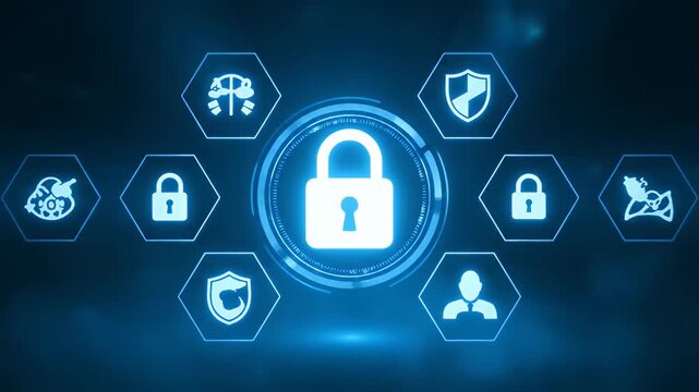 Digital padlock icon surrounded by glowing cybersecurity symbols on a blue background