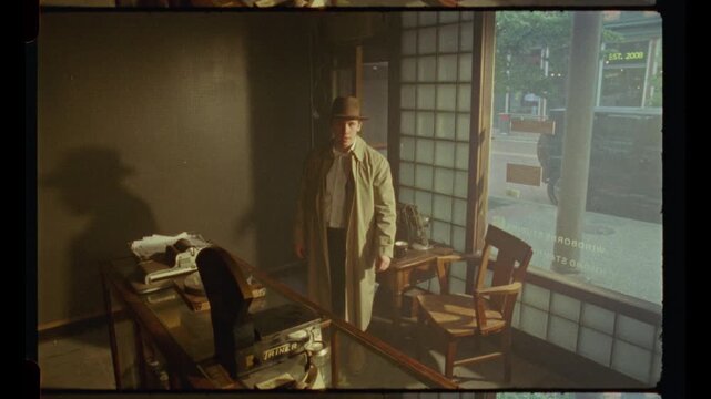 Private detective wearing a trench coat and fedora entering his vintage office for an investigation shot on 16mm film
