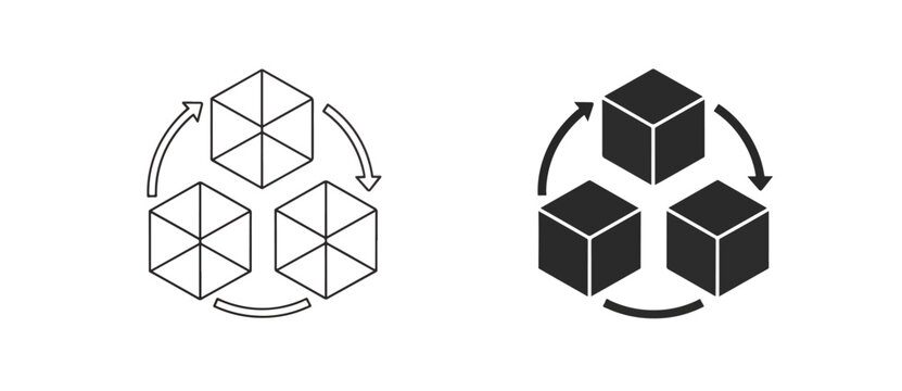 Three dimensional cubes rotation icon - Glyph and solid icon set - Icon vector - logo icons. Blue, Black and white icons