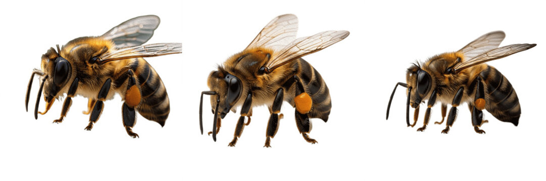 Bee legs detail, Apis mellifera, hind leg pollen basket corbicula structure, Apidae family, tibial comb rake bristles array, basitarsus pollen press modification, tarsal claws profile