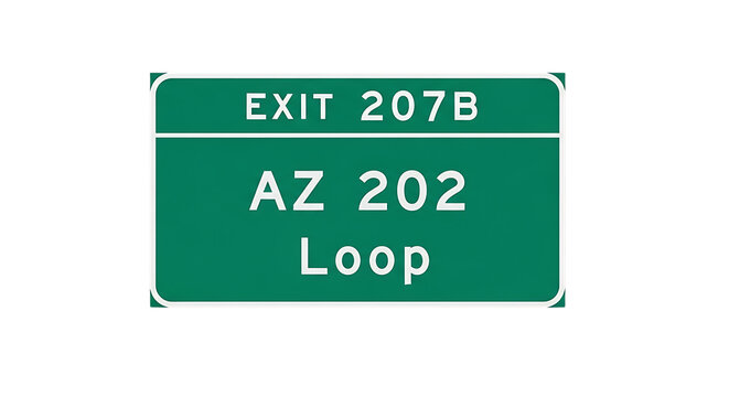 A green highway exit sign displaying AZ 202 Loop route information on a white background