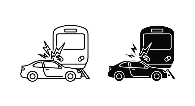Car train vehicle collision icon set - Glyph and solid icon set - Icon vector - logo icons. Blue, Black and white icons