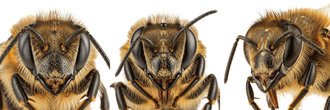 Bee head detail, Apis mellifera, chewing-lapping mouthparts assembly, Apidae family, galeae sheath blades, elongated glossa tongue flabellum tip, labial palps positioning profile