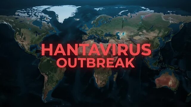 Hantavirus outbreak text overlaid on a dark world map showing global health crisis