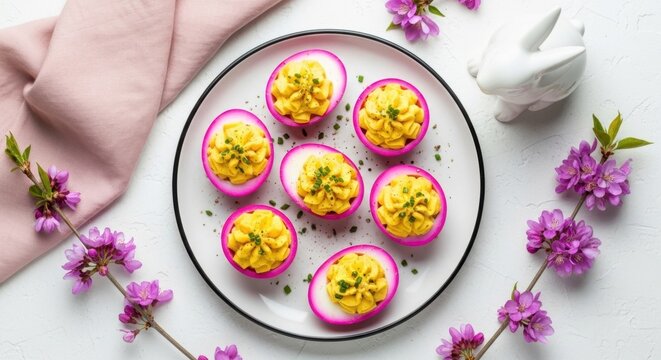 Bright Pink Deviled Eggs with Yellow Filling and Green Garnish Served on a White Plate with Floral Accents