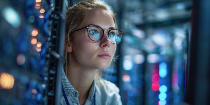 Female IT Technician Monitoring Data Servers and Network Equipment in Data Center with Modern Technology and Equipment for Network Management and Troubleshooting