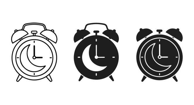 Night time alarm clock icon set - Glyph and solid icon set - Icon vector - logo icons. Blue, Black and white icons