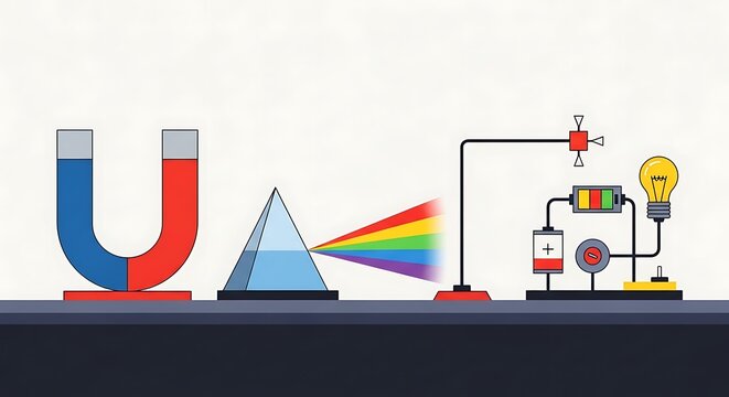 A school science lab experiment demonstrates a prism refracting light through a spectrum with a magnet and electrical device.